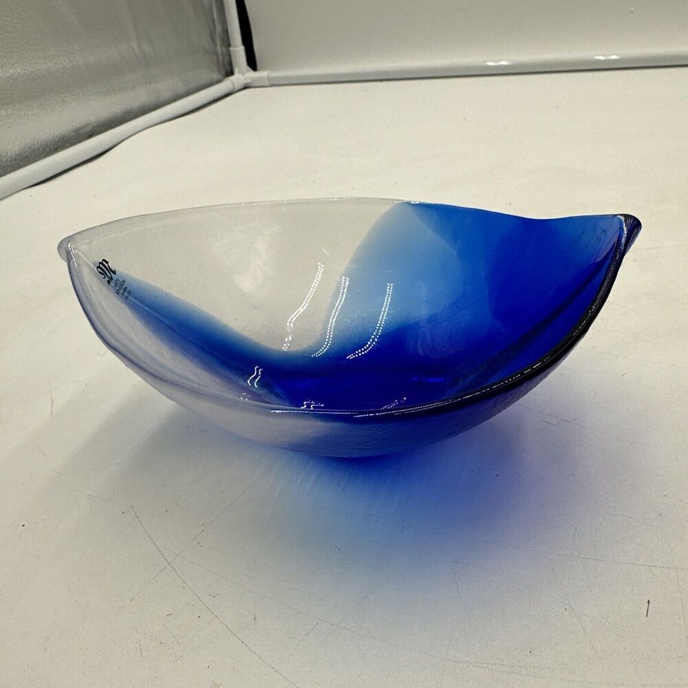 MATT JONASSON MALERAS SWEDEN FULL LEAD COBALT BLUE & CLEAR CANDY DISH BOWL 5.75”